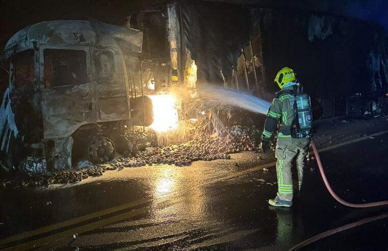 Motorista escapa sem ferimentos após carreta carregada de maçãs pegar fogo na BR-251