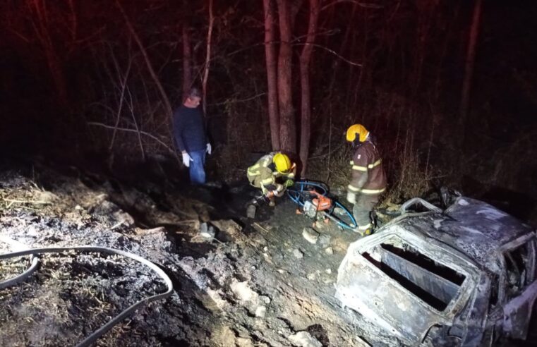 Carro é destruído por incêndio na MGC-135 e Bombeiros encontram dois corpos carbonizados