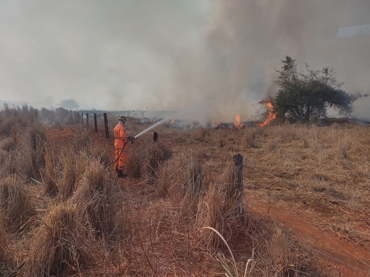 Bombeiros combatem incêndio em propriedade privada, em Capitão Enéas