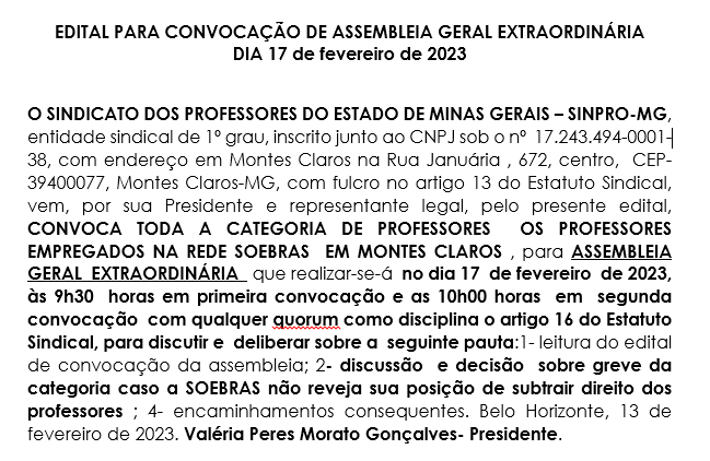 EDITAL PARA CONVOCAÇÃO DE ASSEMBLEIA GERAL EXTRAORDINÁRIA DIA 17 de fevereiro de 2023