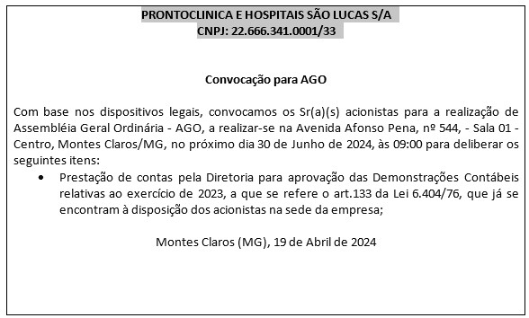 PRONTOCLINICA E HOSPITAIS SÃO LUCAS S/A CNPJ: 22.666.341.0001/33