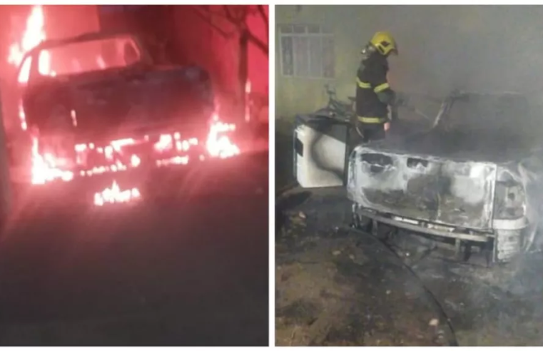 Carro estacionado na garagem de casa fica totalmente destruído após incêndio